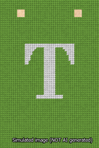 A simulated image of the stitched needlepoint design: Banner 13m Squared T White on Light Green. Not A.I. generated.