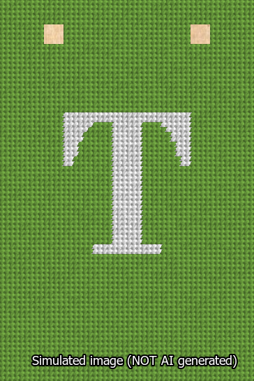 A simulated image of the stitched needlepoint design: Banner 13m Squared T White on Light Green. Not A.I. generated.