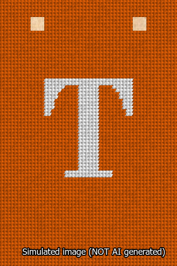 A simulated image of the stitched needlepoint design: Banner 13m Squared T White on Orange. Not A.I. generated.