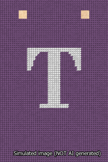 A simulated image of the stitched needlepoint design: Banner 13m Squared T White on Purple. Not A.I. generated.
