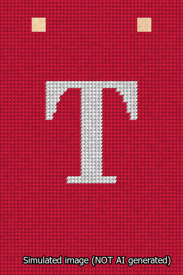 A simulated image of the stitched needlepoint design: Banner 13m Squared T White on Red. Not A.I. generated.