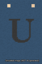 A simulated image of the stitched needlepoint design: Banner 13m Squared U Black on Blue. Not A.I. generated.