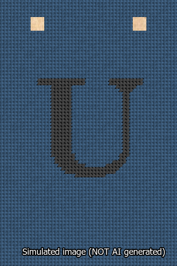 A simulated image of the stitched needlepoint design: Banner 13m Squared U Black on Blue. Not A.I. generated.
