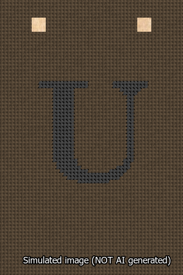 A simulated image of the stitched needlepoint design: Banner 13m Squared U Black on Brown. Not A.I. generated.