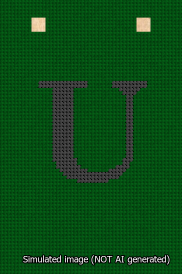 A simulated image of the stitched needlepoint design: Banner 13m Squared U Black on Green. Not A.I. generated.