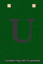 A simulated image of the stitched needlepoint design: Banner 13m Squared U Black on Green. Not A.I. generated.
