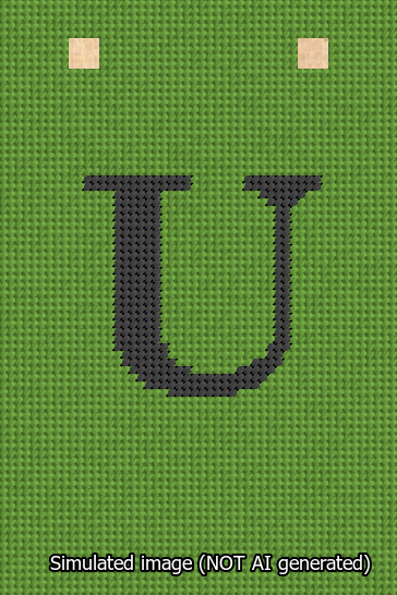 A simulated image of the stitched needlepoint design: Banner 13m Squared U Black on Light Green. Not A.I. generated.