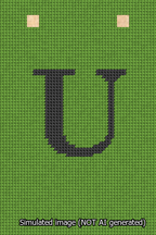A simulated image of the stitched needlepoint design: Banner 13m Squared U Black on Light Green. Not A.I. generated.