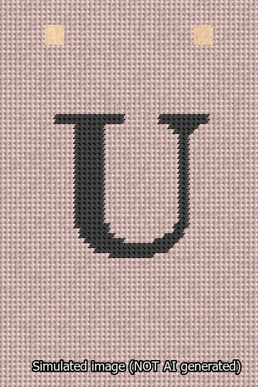 A simulated image of the stitched needlepoint design: Banner 13m Squared U Black on Pink. Not A.I. generated.
