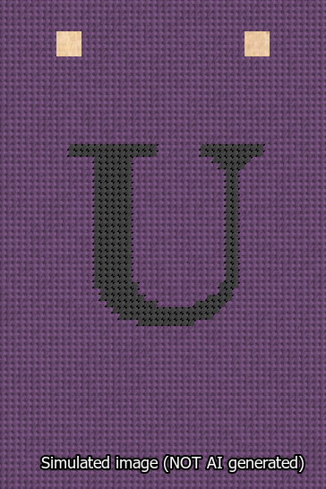 A simulated image of the stitched needlepoint design: Banner 13m Squared U Black on Purple. Not A.I. generated.