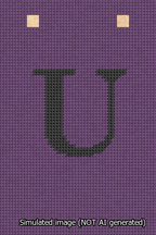 A simulated image of the stitched needlepoint design: Banner 13m Squared U Black on Purple. Not A.I. generated.