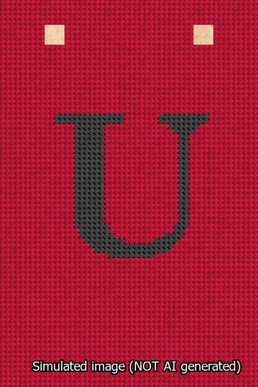 A simulated image of the stitched needlepoint design: Banner 13m Squared U Black on Red. Not A.I. generated.