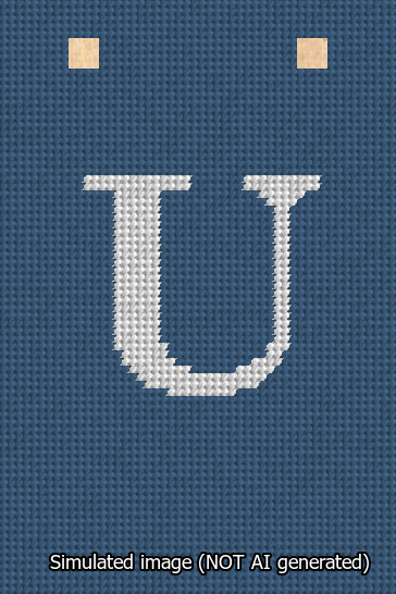A simulated image of the stitched needlepoint design: Banner 13m Squared U White on Blue. Not A.I. generated.