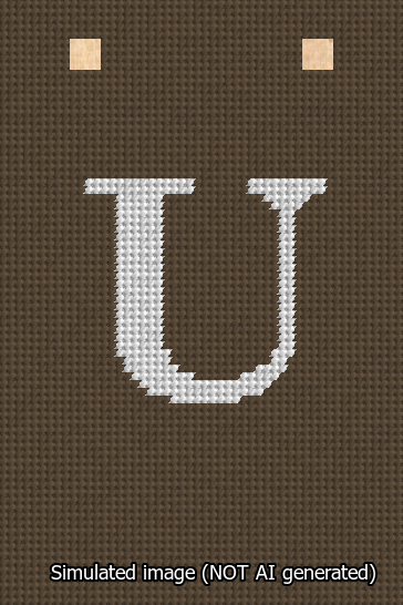 A simulated image of the stitched needlepoint design: Banner 13m Squared U White on Brown. Not A.I. generated.
