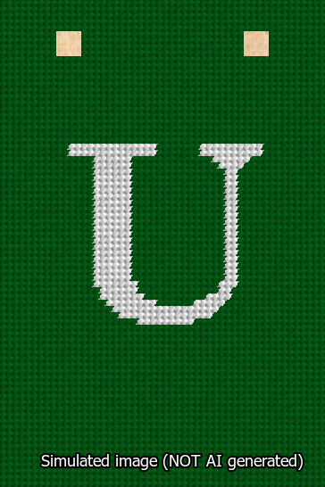 A simulated image of the stitched needlepoint design: Banner 13m Squared U White on Green. Not A.I. generated.