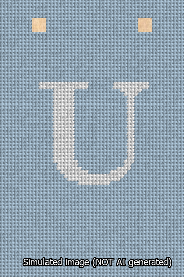 A simulated image of the stitched needlepoint design: Banner 13m Squared U White on Light Blue. Not A.I. generated.