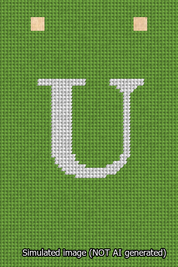 A simulated image of the stitched needlepoint design: Banner 13m Squared U White on Light Green. Not A.I. generated.