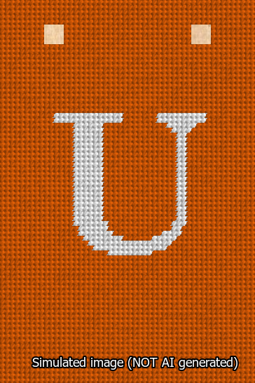 A simulated image of the stitched needlepoint design: Banner 13m Squared U White on Orange. Not A.I. generated.