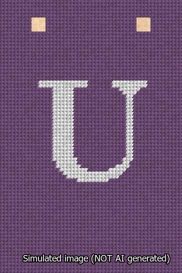 A simulated image of the stitched needlepoint design: Banner 13m Squared U White on Purple. Not A.I. generated.