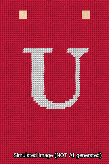 A simulated image of the stitched needlepoint design: Banner 13m Squared U White on Red. Not A.I. generated.