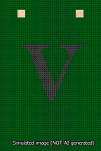 A simulated image of the stitched needlepoint design: Banner 13m Squared V Black on Green. Not A.I. generated.