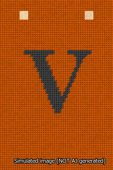 A simulated image of the stitched needlepoint design: Banner 13m Squared V Black on Orange. Not A.I. generated.