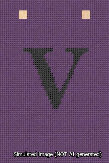 A simulated image of the stitched needlepoint design: Banner 13m Squared V Black on Purple. Not A.I. generated.