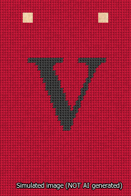 A simulated image of the stitched needlepoint design: Banner 13m Squared V Black on Red. Not A.I. generated.