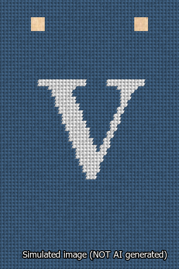 A simulated image of the stitched needlepoint design: Banner 13m Squared V White on Blue. Not A.I. generated.