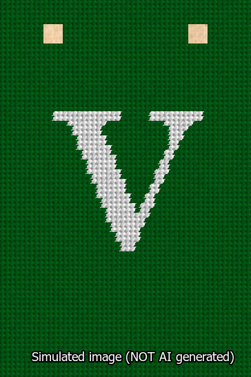 A simulated image of the stitched needlepoint design: Banner 13m Squared V White on Green. Not A.I. generated.