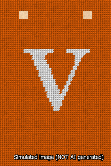 A simulated image of the stitched needlepoint design: Banner 13m Squared V White on Orange. Not A.I. generated.