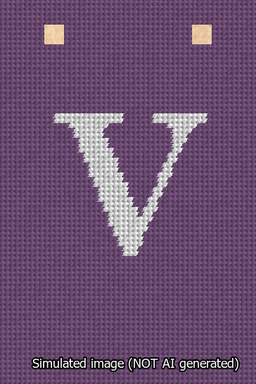 A simulated image of the stitched needlepoint design: Banner 13m Squared V White on Purple. Not A.I. generated.
