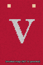 A simulated image of the stitched needlepoint design: Banner 13m Squared V White on Red. Not A.I. generated.