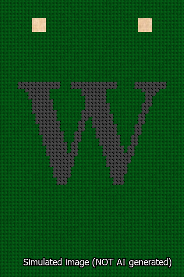A simulated image of the stitched needlepoint design: Banner 13m Squared W Black on Green. Not A.I. generated.