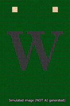 A simulated image of the stitched needlepoint design: Banner 13m Squared W Black on Green. Not A.I. generated.