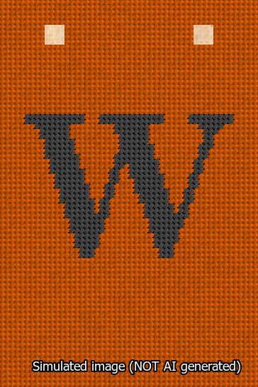 A simulated image of the stitched needlepoint design: Banner 13m Squared W Black on Orange. Not A.I. generated.