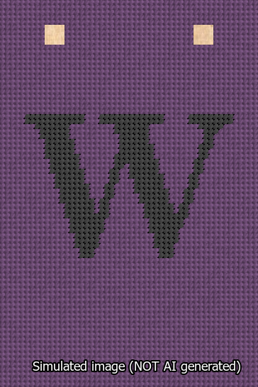 A simulated image of the stitched needlepoint design: Banner 13m Squared W Black on Purple. Not A.I. generated.