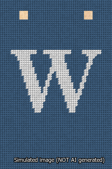 A simulated image of the stitched needlepoint design: Banner 13m Squared W White on Blue. Not A.I. generated.