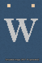A simulated image of the stitched needlepoint design: Banner 13m Squared W White on Blue. Not A.I. generated.