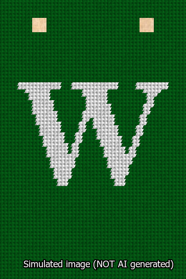 A simulated image of the stitched needlepoint design: Banner 13m Squared W White on Green. Not A.I. generated.