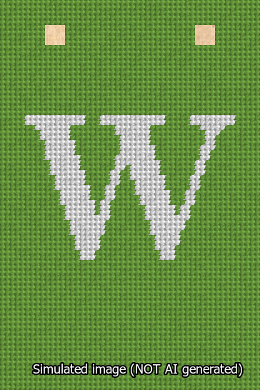 A simulated image of the stitched needlepoint design: Banner 13m Squared W White on Light Green. Not A.I. generated.