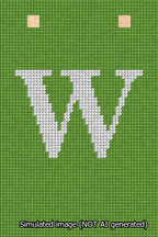 A simulated image of the stitched needlepoint design: Banner 13m Squared W White on Light Green. Not A.I. generated.
