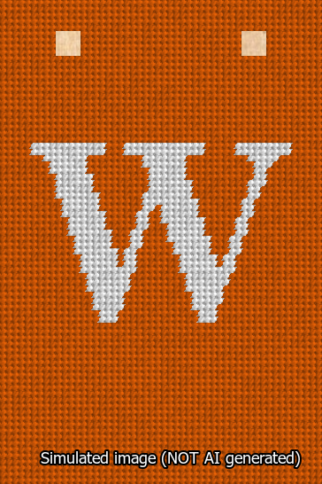 A simulated image of the stitched needlepoint design: Banner 13m Squared W White on Orange. Not A.I. generated.