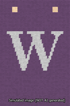A simulated image of the stitched needlepoint design: Banner 13m Squared W White on Purple. Not A.I. generated.