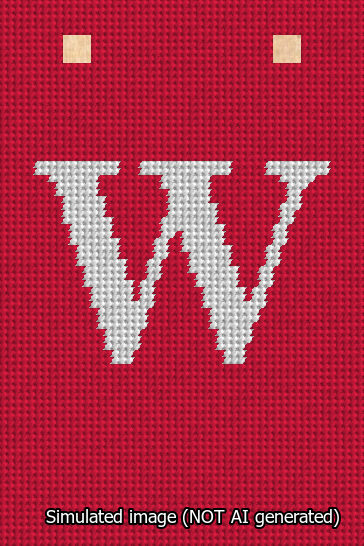 A simulated image of the stitched needlepoint design: Banner 13m Squared W White on Red. Not A.I. generated.
