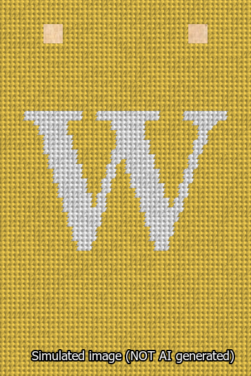 A simulated image of the stitched needlepoint design: Banner 13m Squared W White on Yellow. Not A.I. generated.