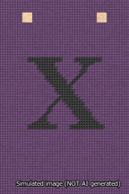 A simulated image of the stitched needlepoint design: Banner 13m Squared X Black on Purple. Not A.I. generated.