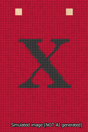 A simulated image of the stitched needlepoint design: Banner 13m Squared X Black on Red. Not A.I. generated.