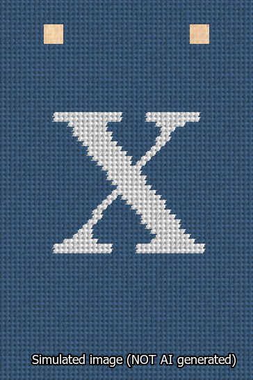 A simulated image of the stitched needlepoint design: Banner 13m Squared X White on Blue. Not A.I. generated.