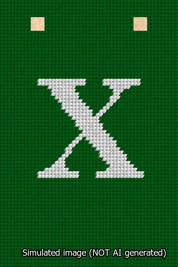 A simulated image of the stitched needlepoint design: Banner 13m Squared X White on Green. Not A.I. generated.
